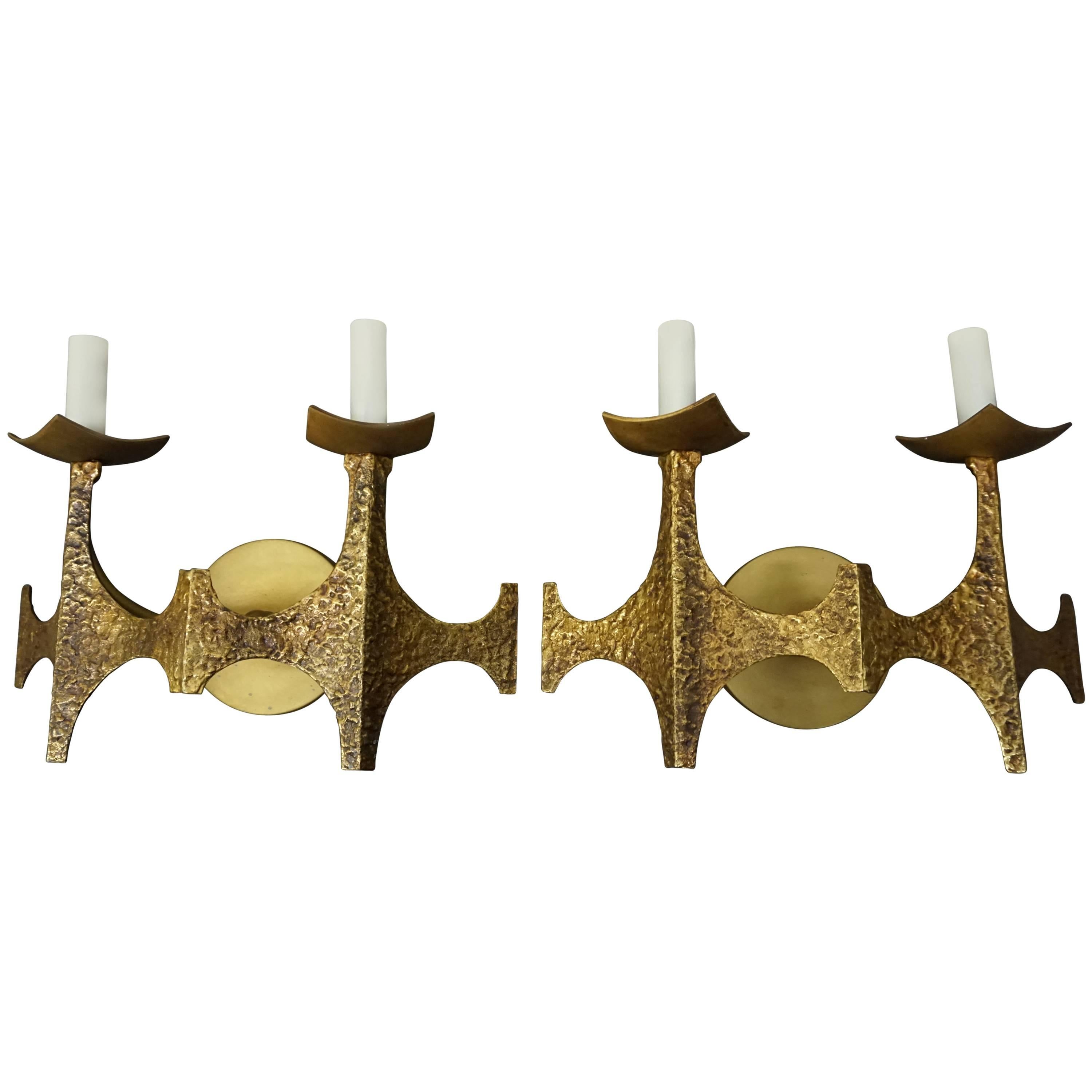 Pair of Brutalist Brass Sconces by Moe Bridges, Mid-Century Modern For Sale
