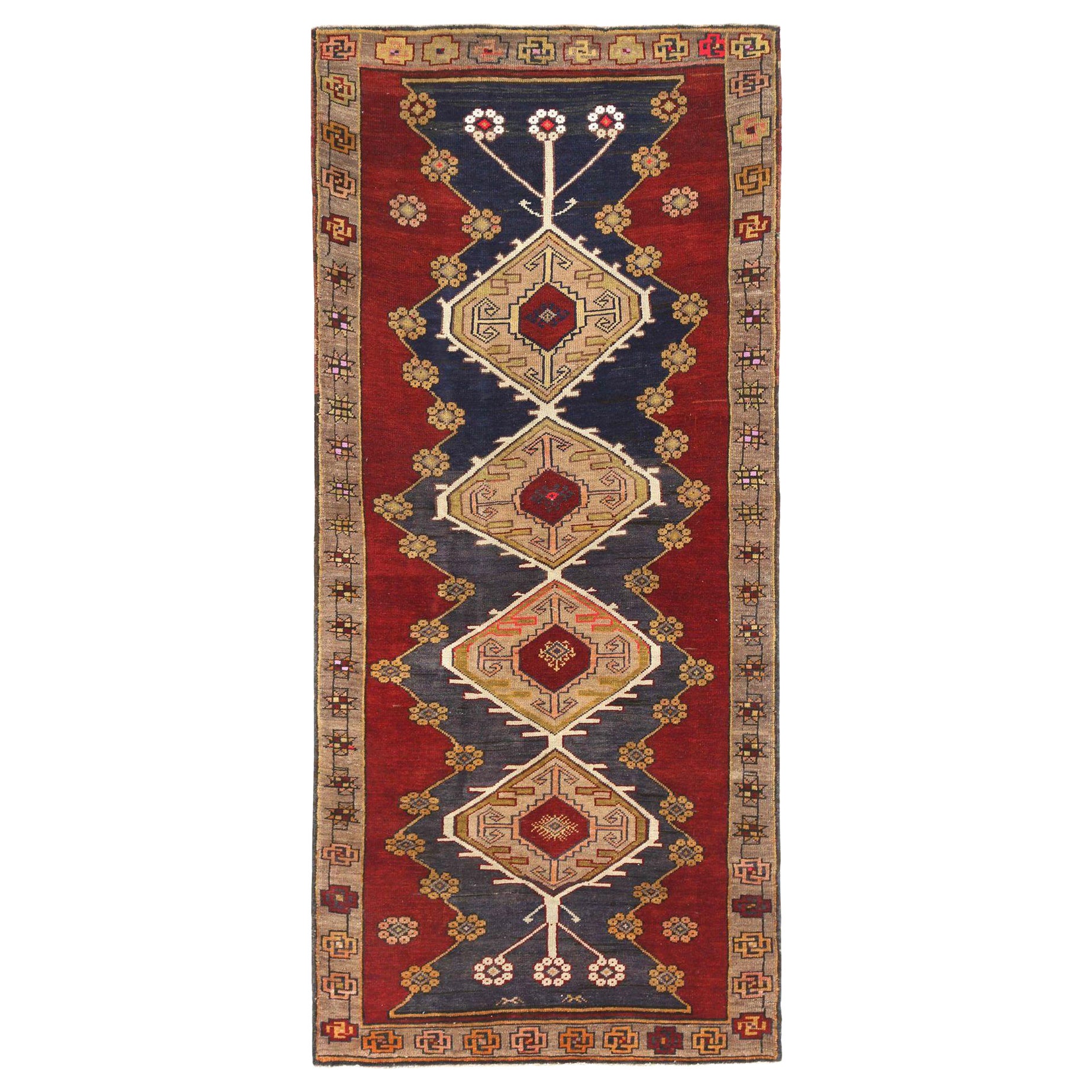 Persischer Aserbaidschanischer kleiner Teppich - Wolle Elfenbein Marineblau Rot - 97408