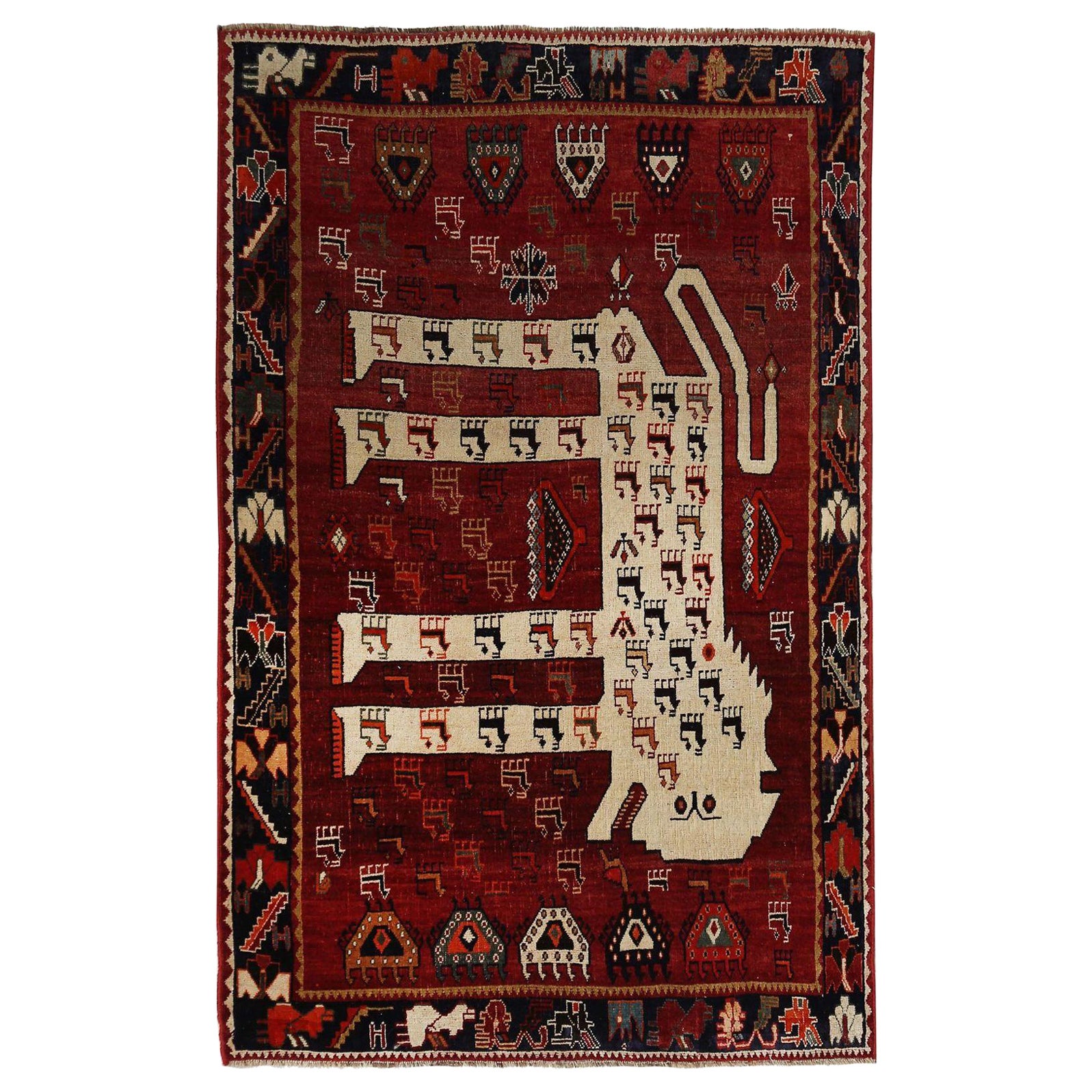 Tappeto persiano Shiraz Small - Lana Avorio Rosso Design - 97433 in vendita