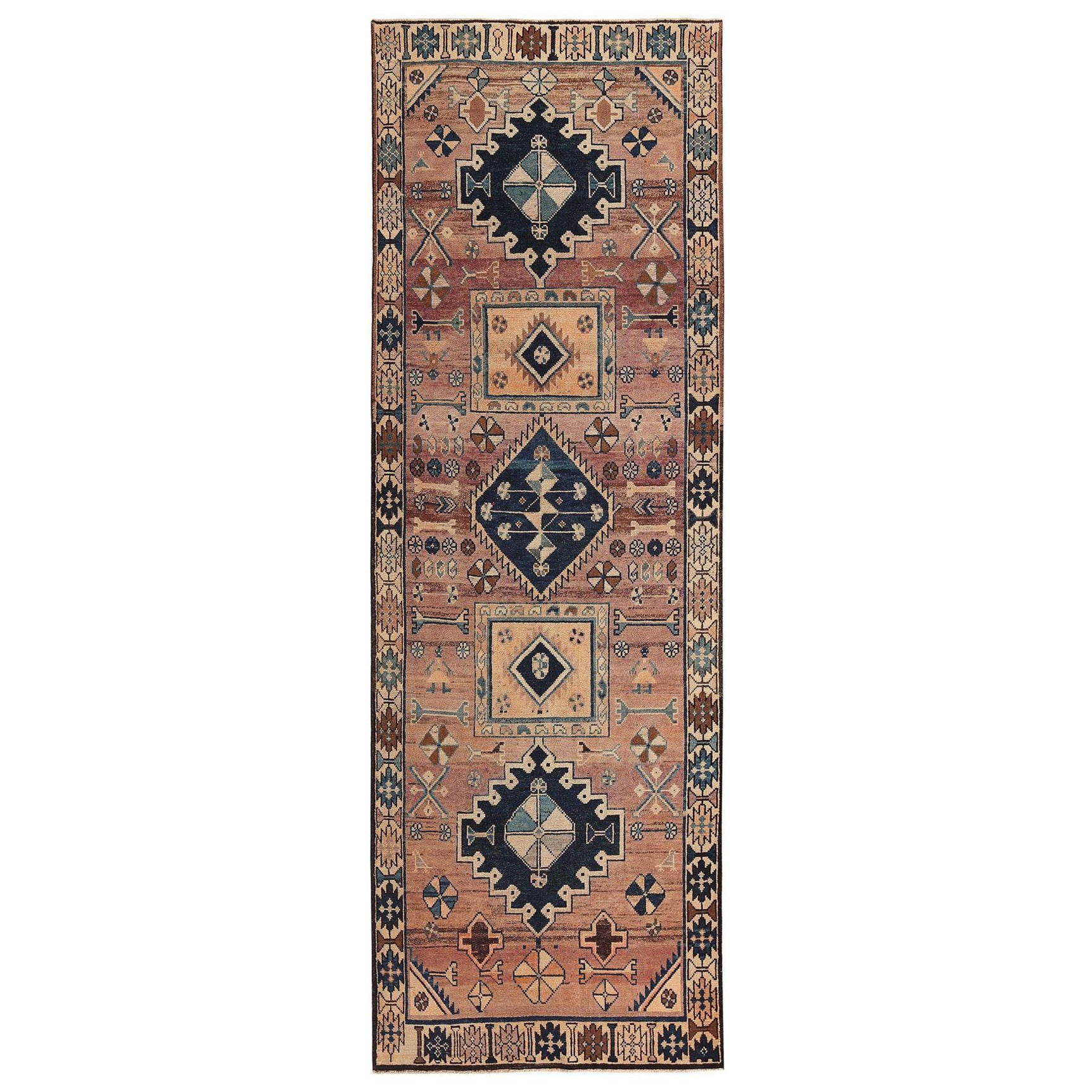 Persischer Shiraz Läufer Teppich - Wolle Marineblau Rosa Gelb Design - 97453