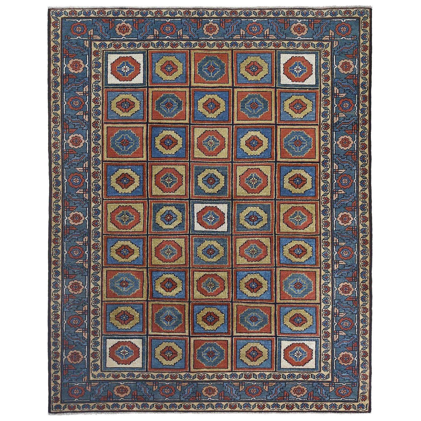 Persian Heriz Small Rug - Wool Blue Red Yellow Design - 97422