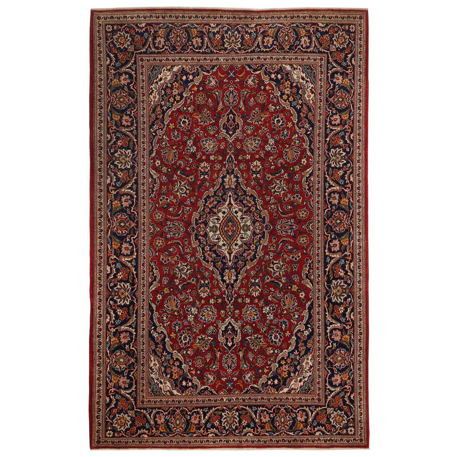 Persian Kashan Small Rug - Wool Navy Blue Red Design - 97423