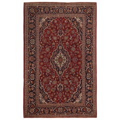 Petit tapis persan Kashan - Laine bleu marine rouge motif - 97423