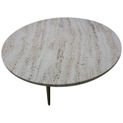 Lovely Mid-Century Modern Round Travertine Top Coffee Table