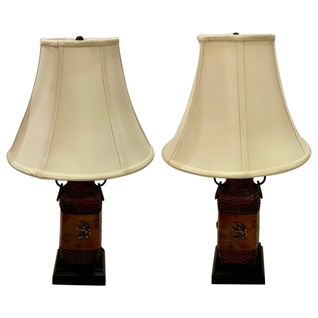 Coppia di antiche lampade da tavolo giapponesi in bronzo, CIRCA 1900.