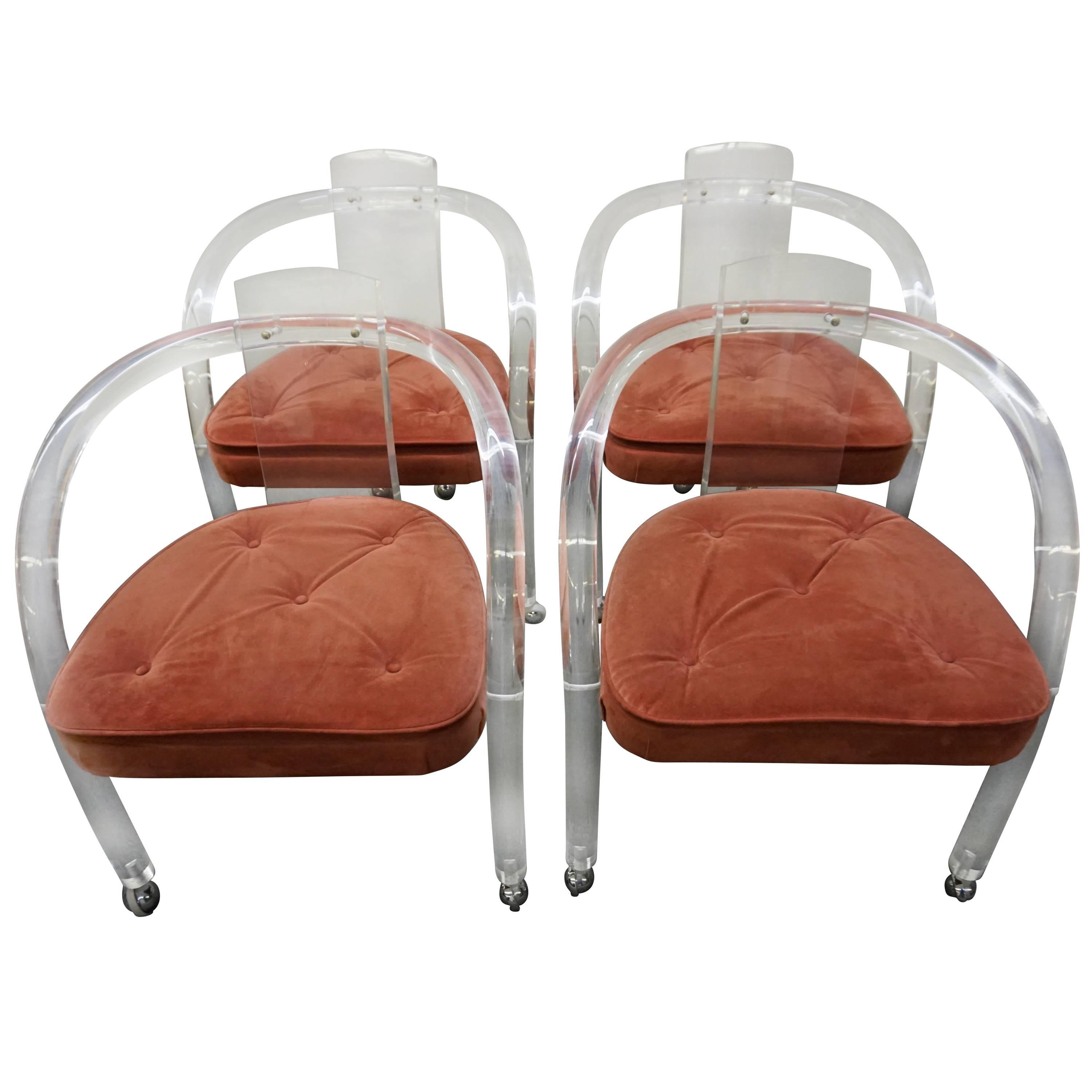 Set of Four Charles Hollis Jones Style Lucite Rolling Chairs