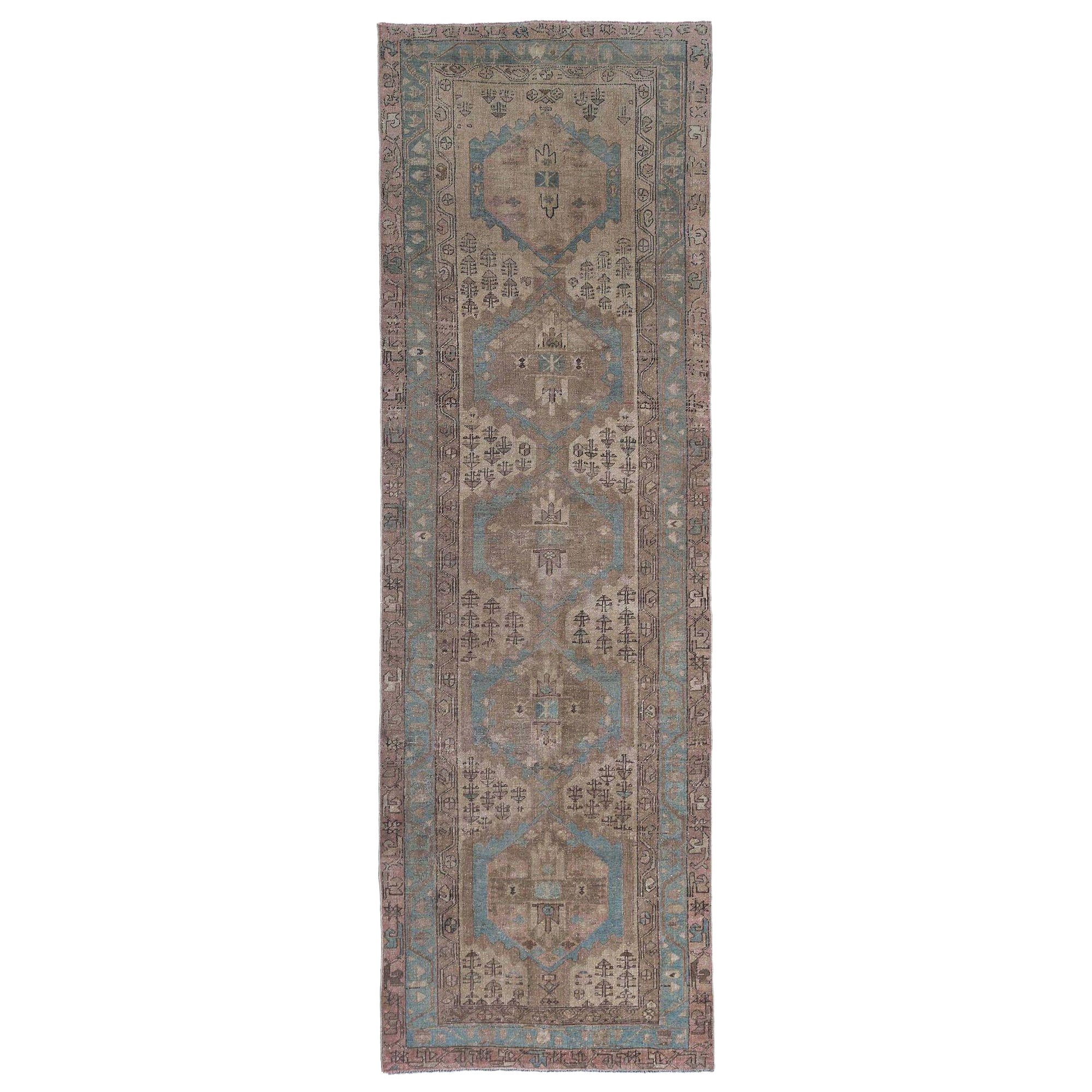 Persische Bijar Läufer Teppich - Wolle Blau Braun Elfenbein Design - 97547