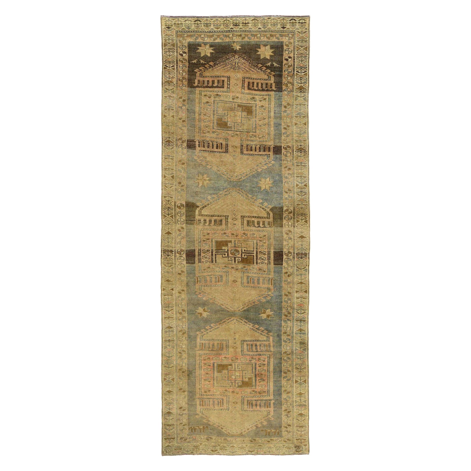 Persischer Aserbaidschan-Läufer - Wolle Hellblau Taupe Design - 97639