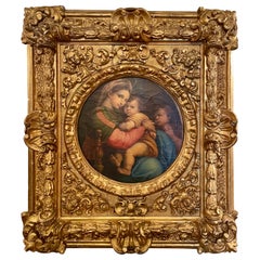 Cuadro antiguo al óleo sobre lienzo de Madonna & Child en marco original, circa 1880.