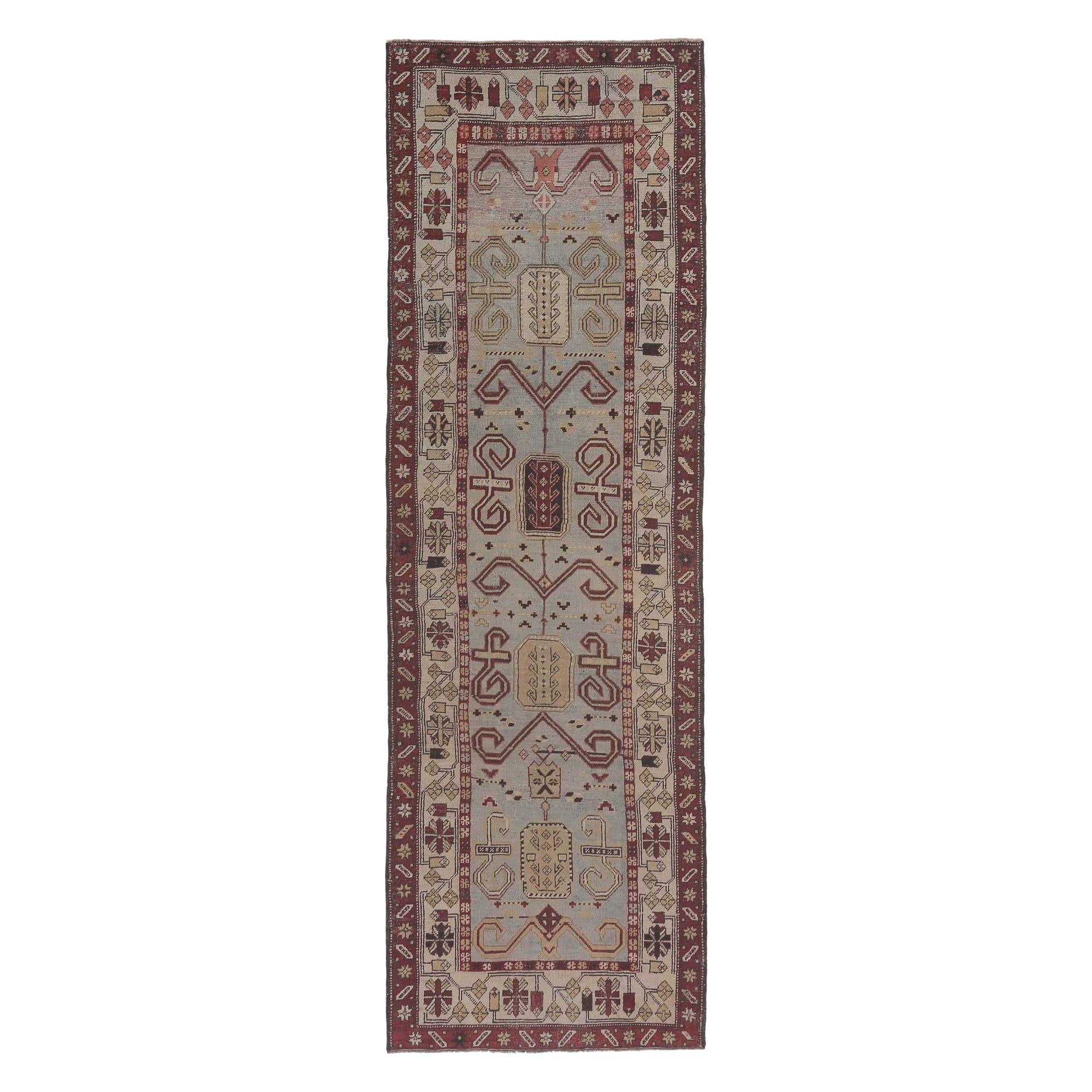 Persischer Mahal-Läufer - Wolle Elfenbein Hellblau Rot Design - 97649