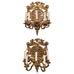 Pair Antique French Neo-Classical Bronze D'Oré 5-Light Wall Sconces, Circa 1900.