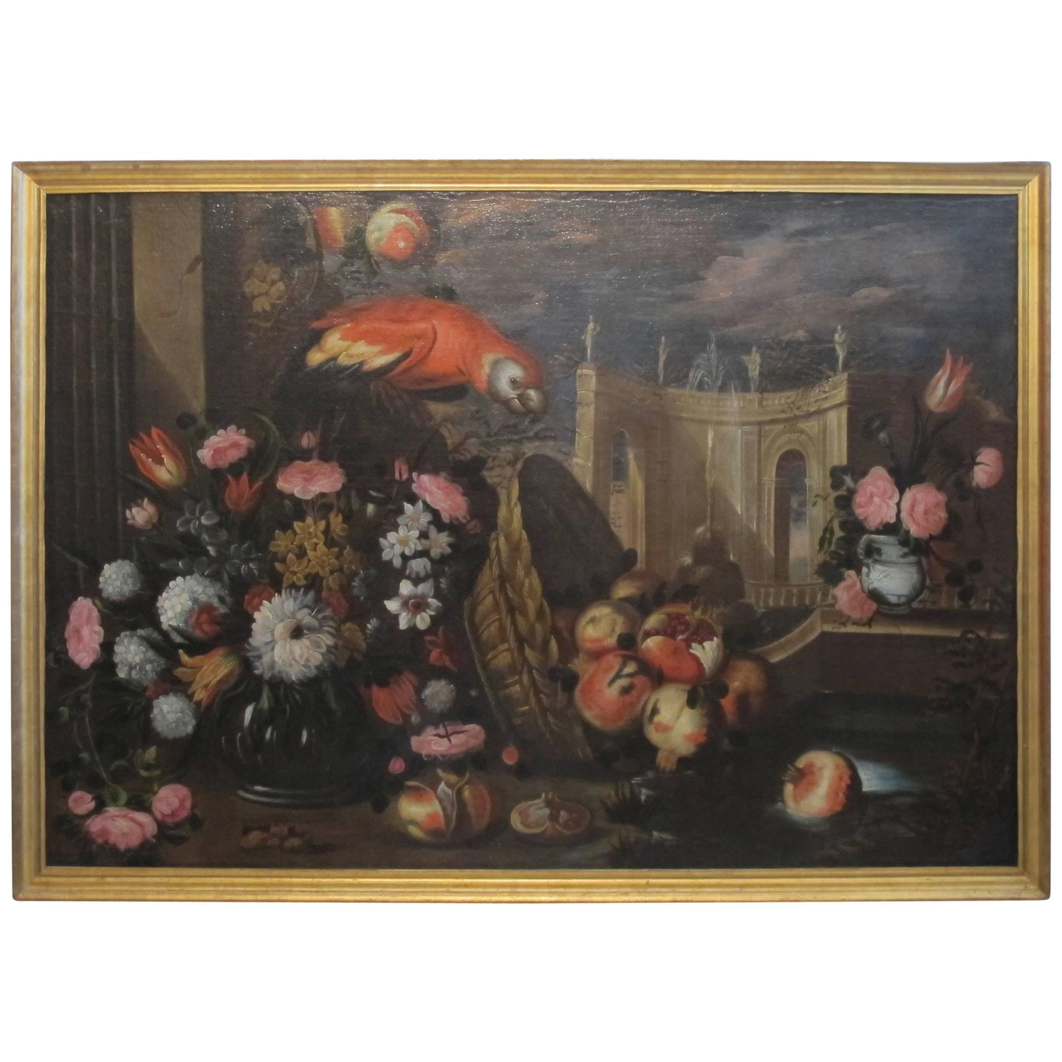 Grande peinture à l'huile italienne du 18ème siècle de nature morte avec perroquet et fleurs