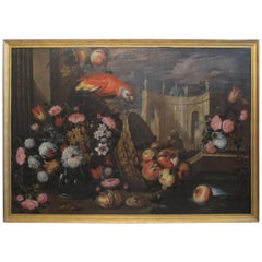 Antique Large 18th Century Italian Still Life Oil Painting with Parrot and Flowers