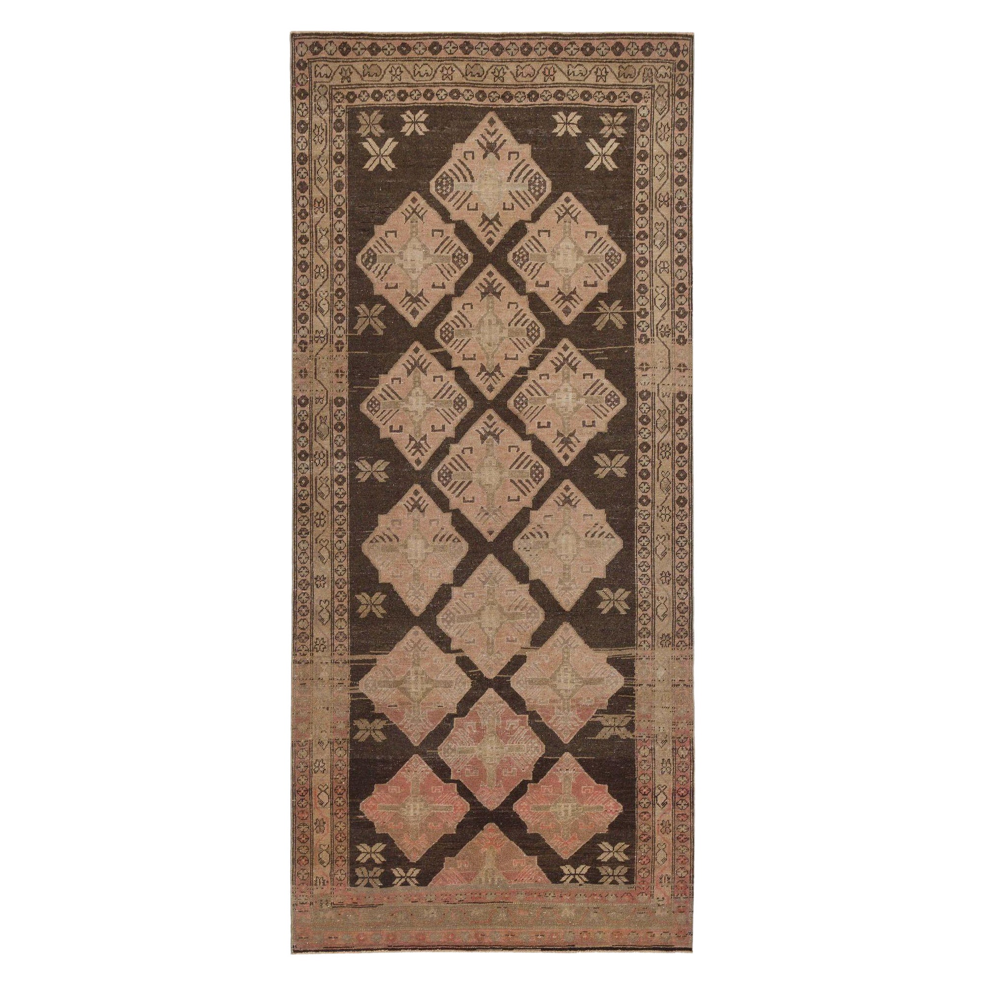 Persische Aserbaidschan Läufer Teppich - Wolle Braun Elfenbein Rosa Design - 97755