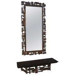 Mid-Century Modernist 'Syroco' Brutalist Mirror with Shelf 10