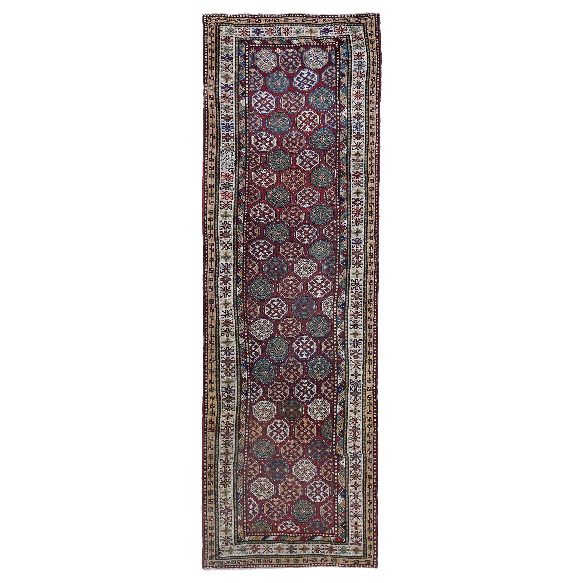 Russian Kazak Runner Rug - Wool Blue Ivory Red Design - 97893