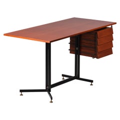 1950's Italian Teak Desk With Black Iron and Brass Frame