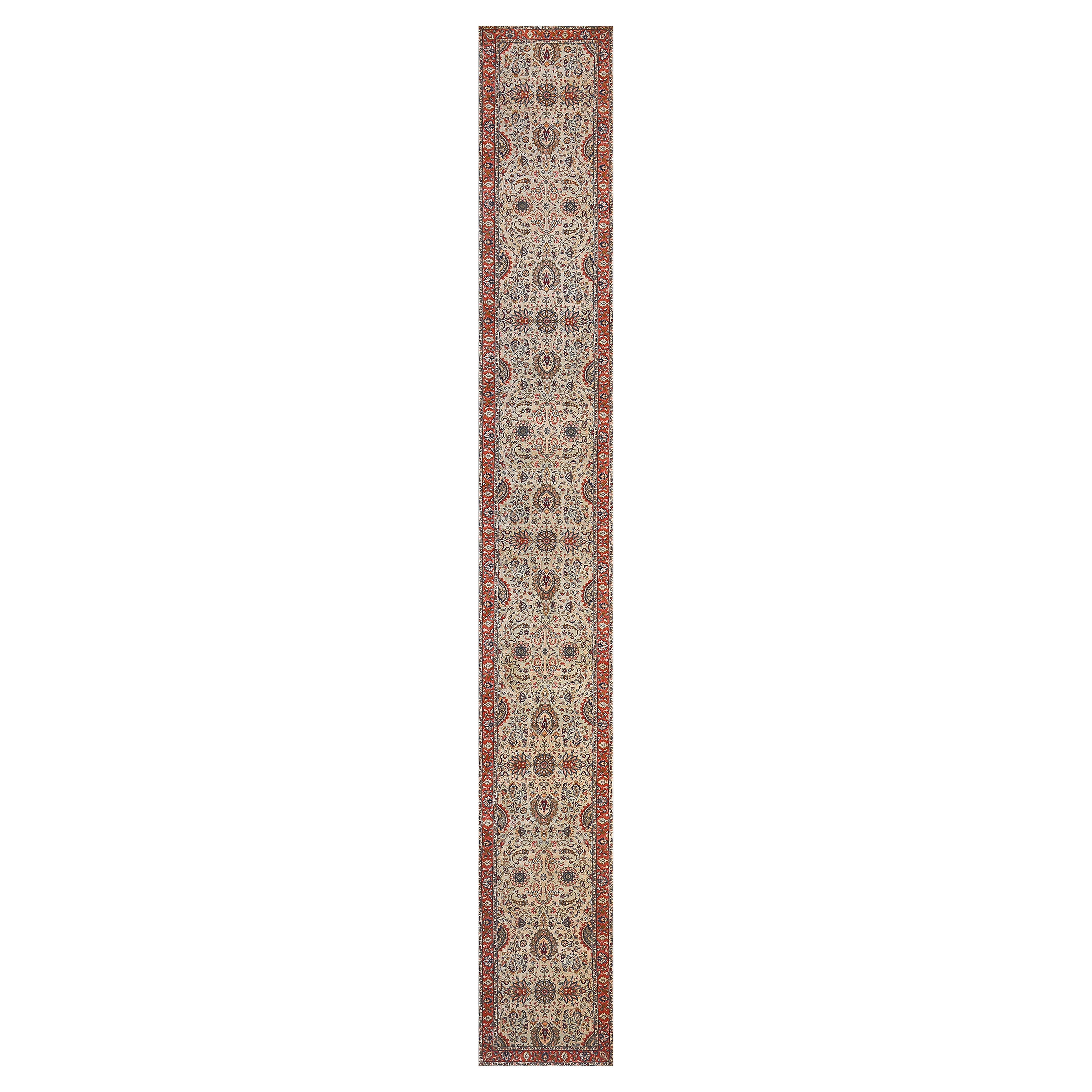 Vintage Light-Green Floral Handmade Long Tabriz Runner For Sale