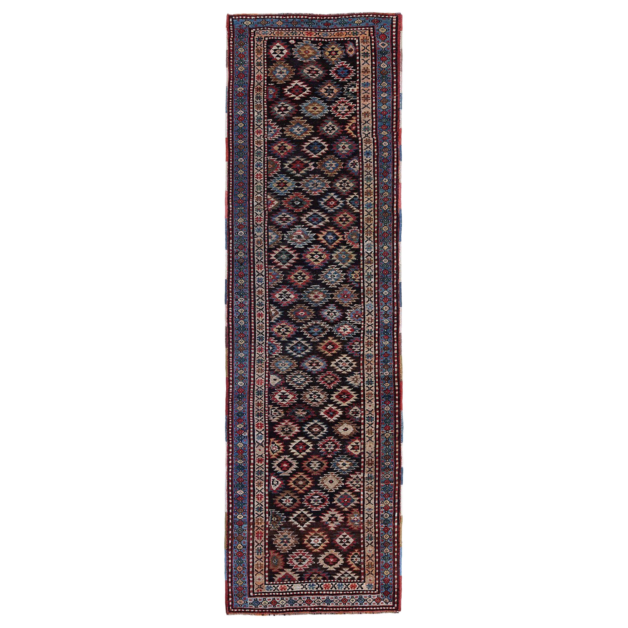 Persische Aserbaidschan Läufer Teppich - Wolle Blau Braun Elfenbein Rot - 97917 im Angebot