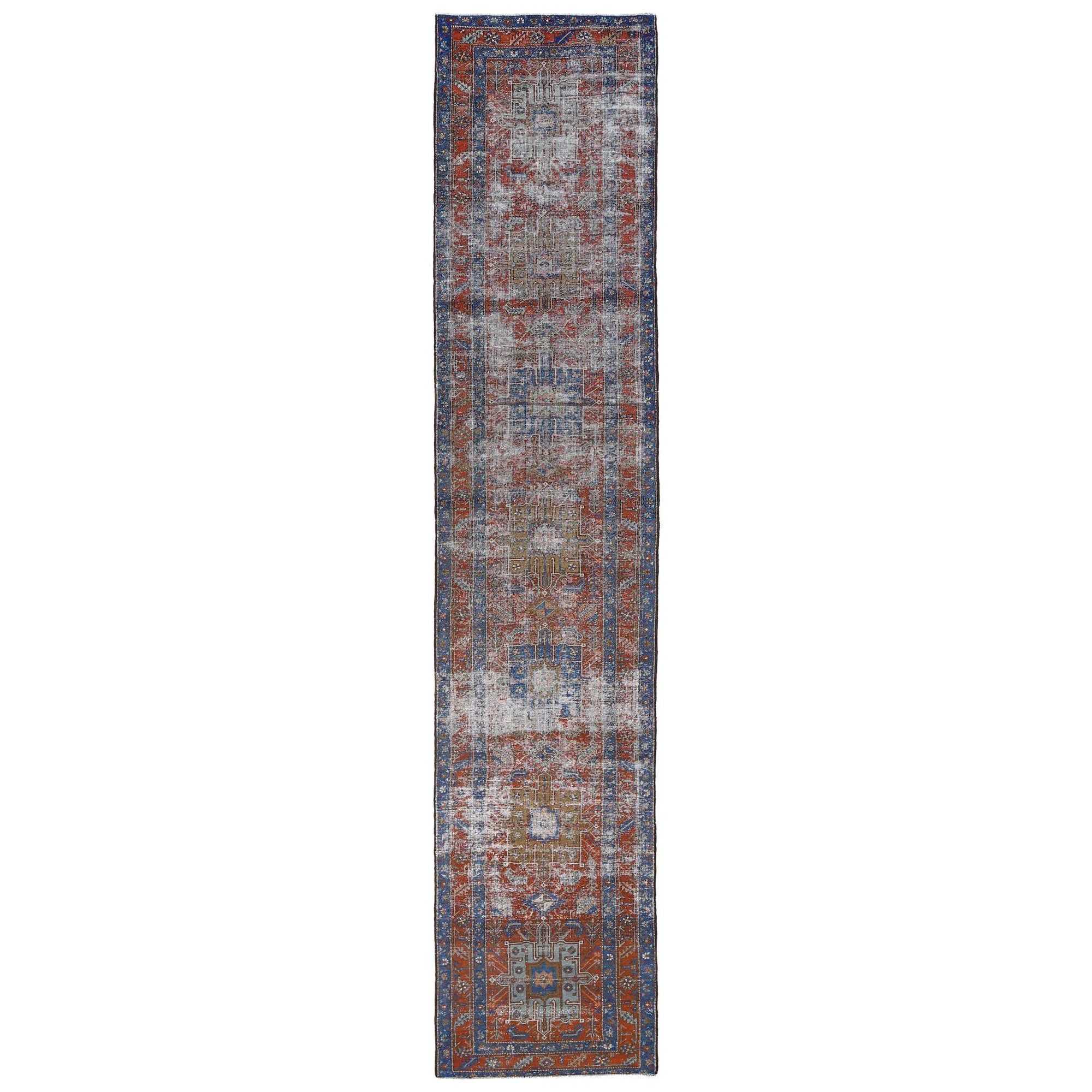 Persischer Heriz Läufer Teppich - Wolle Blau Braun Rot Design - 97935 im Angebot