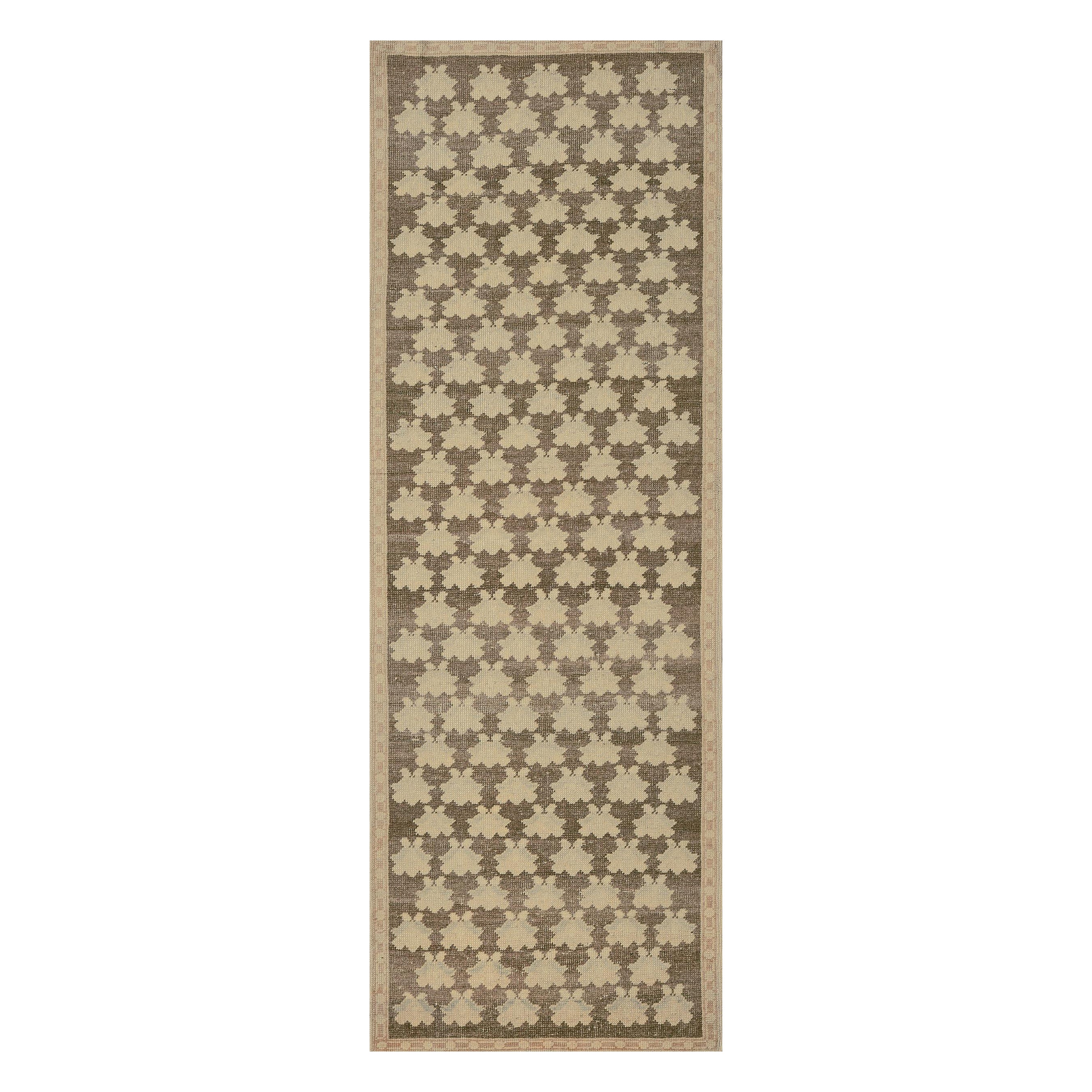 Mid-Century Brown Floral-Motif Handmade Wool Turkish Rug For Sale