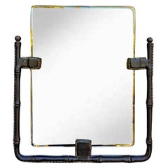 Espejo de pared Jacques ADNET de cuero cosido, esferas de latón hacia 1950