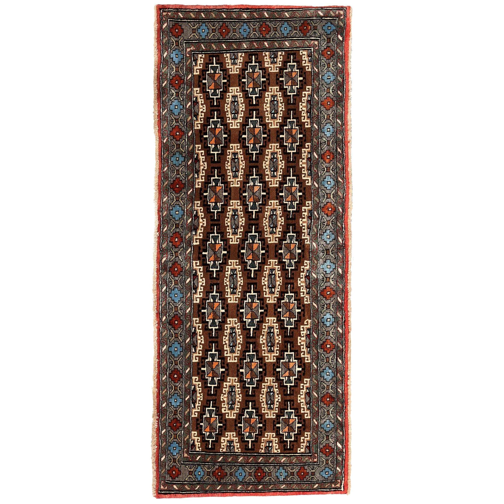 Persischer Semnan Läufer Teppich - Wolle Blau Braun Elfenbein Rot Taupe - 97956