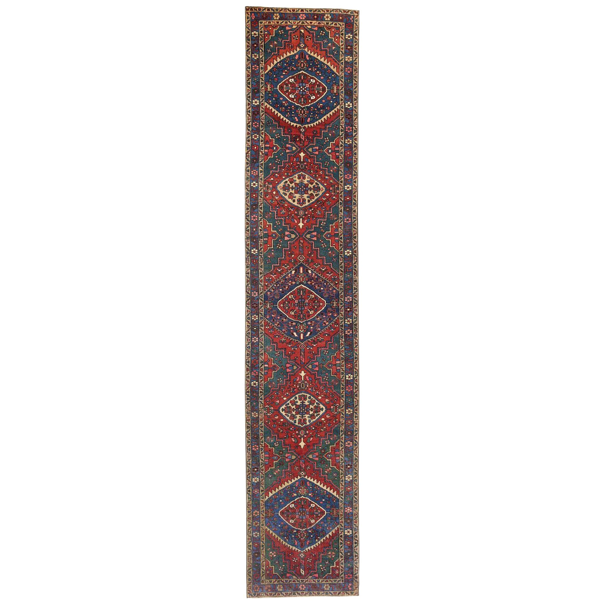 Persischer Aserbaidschan-Läufer - Wolle Blau Grün Rot Design - 97959