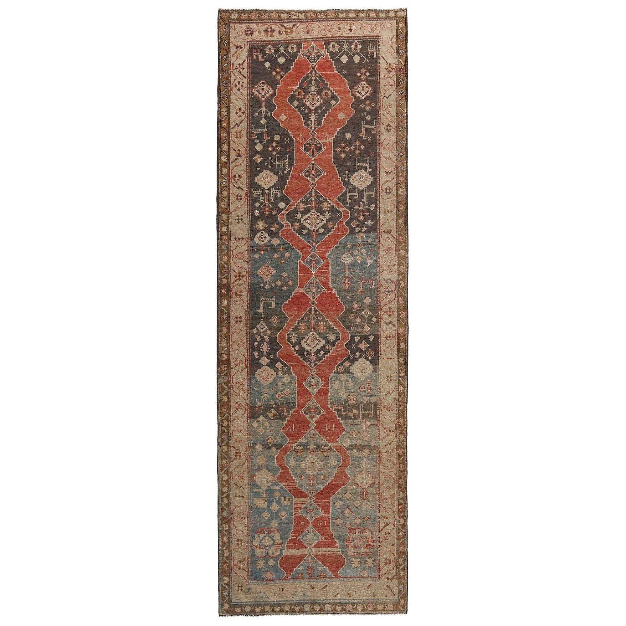 Tappeto Persiano Malayer Runner - Lana Blu Marrone Avorio Rosso Design - 97973