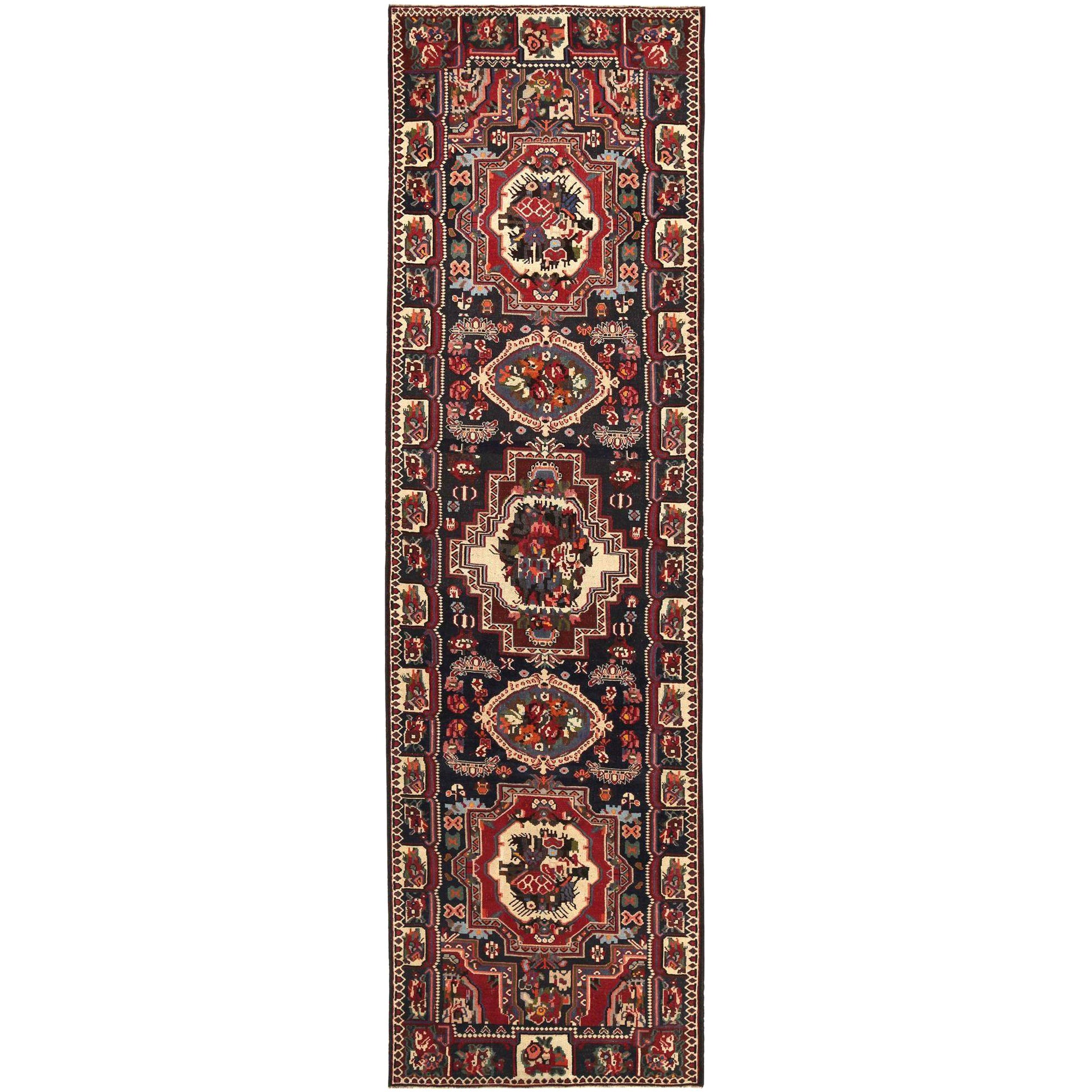 Persian Bakhtiari Runner Rug - Wool Black Brown Ivory Red - 97978