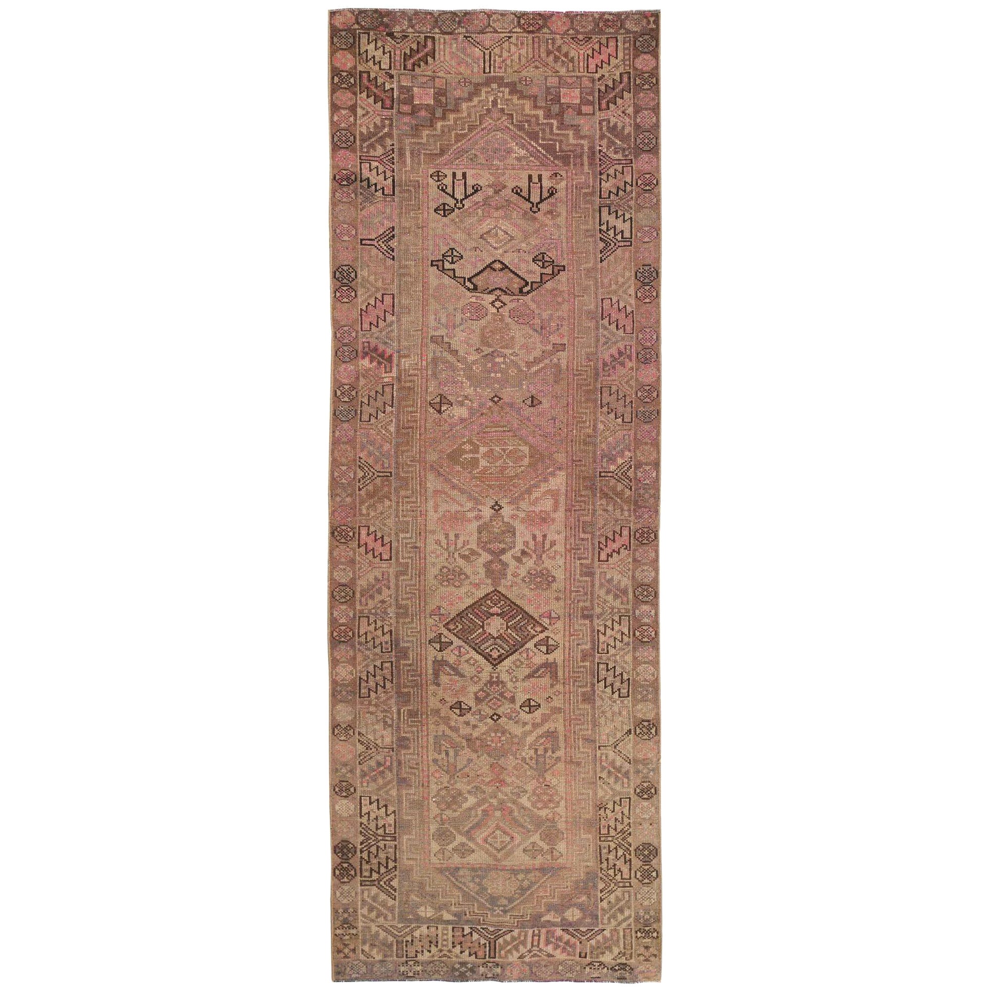 Persische Aserbaidschan Läufer Teppich - Wolle Braun Elfenbein Rosa Design - 97980