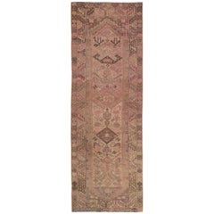 Vintage Persian Azerbaijan Runner Rug - Wool Brown Ivory Pink Design - 97980