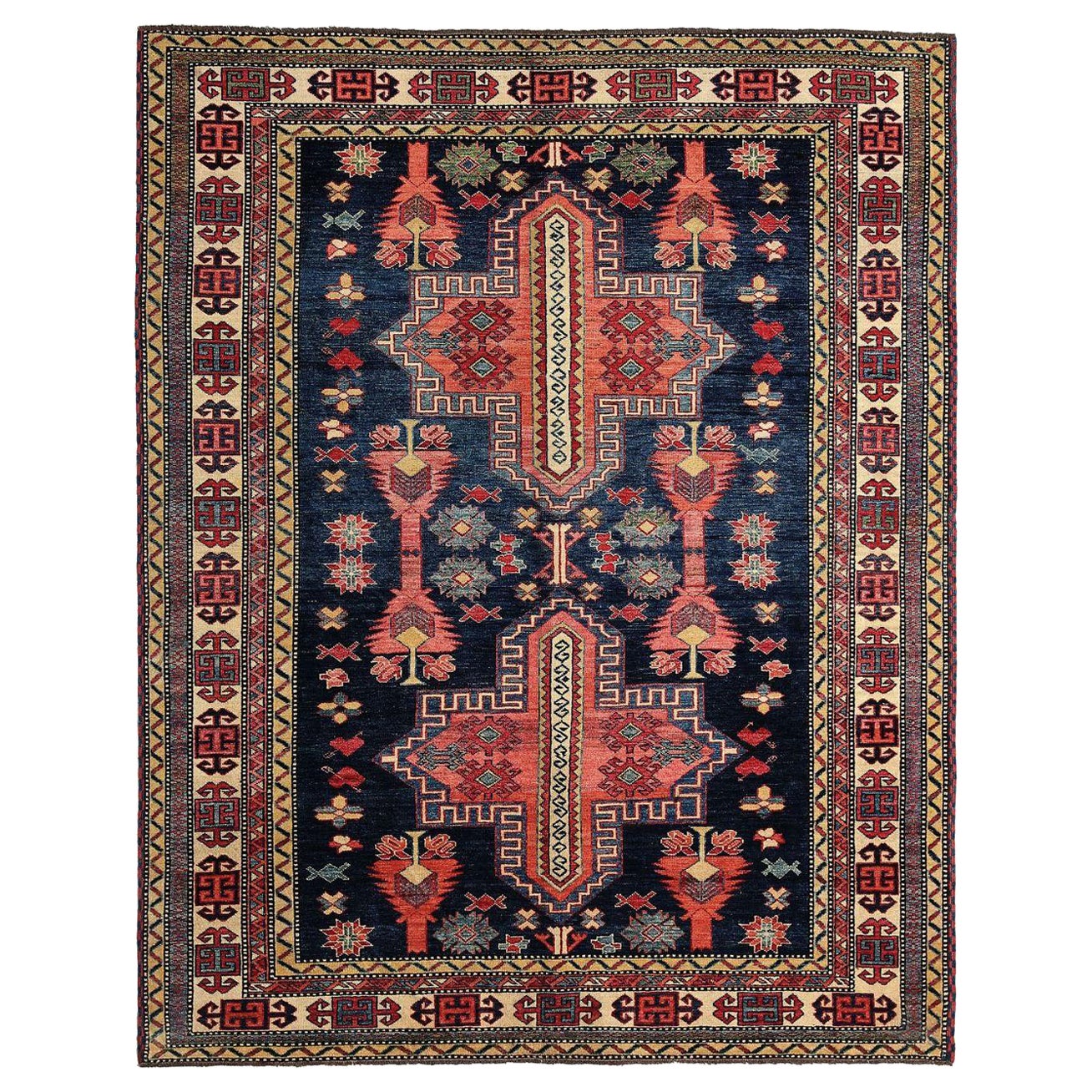 Russische Kazak Bereich Teppiche - Wolle Schwarz Elfenbein Rot Gelb Design - 97946
