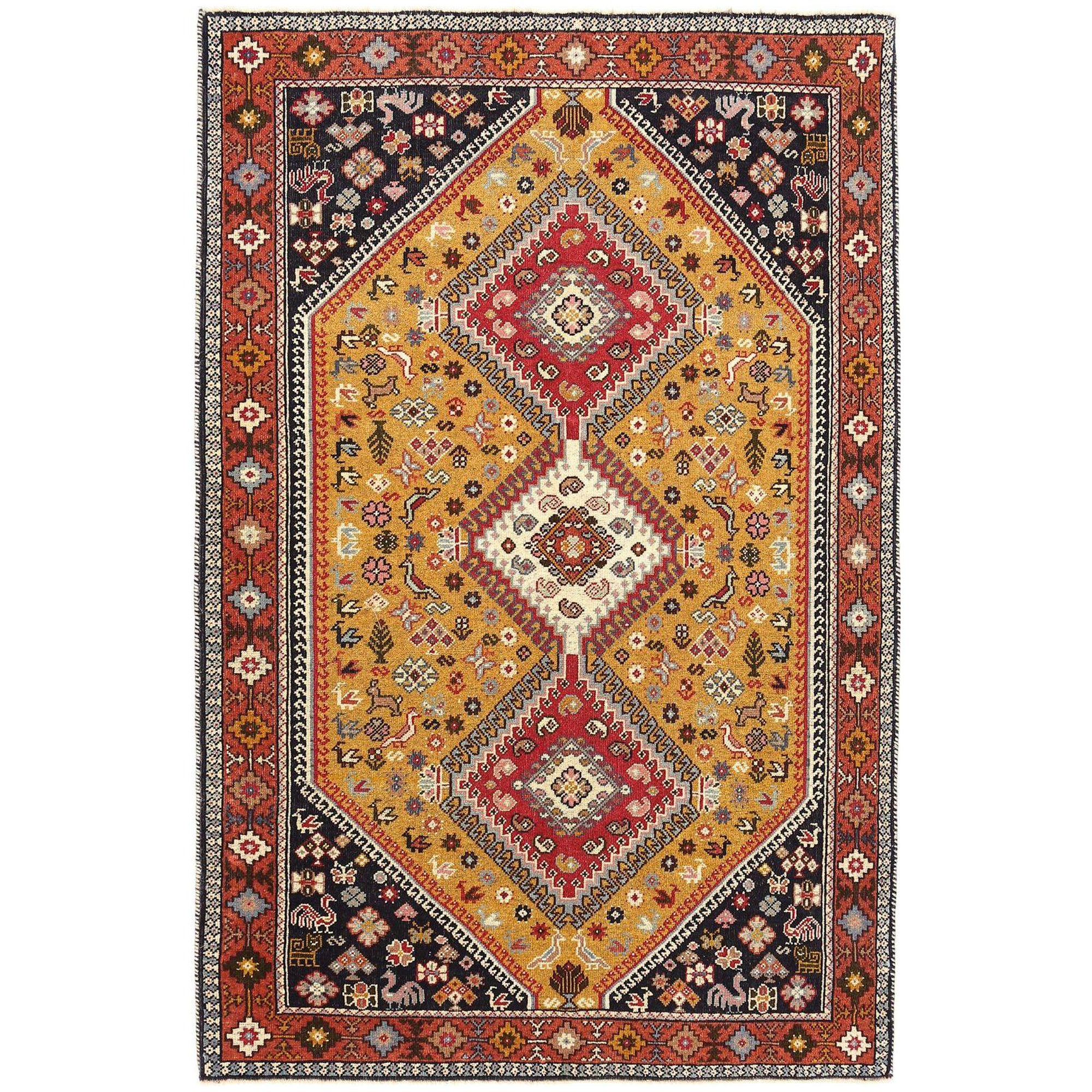 Tapis persan Shiraz - Laine Noir Ivoire Rouge Jaune Design - 97947