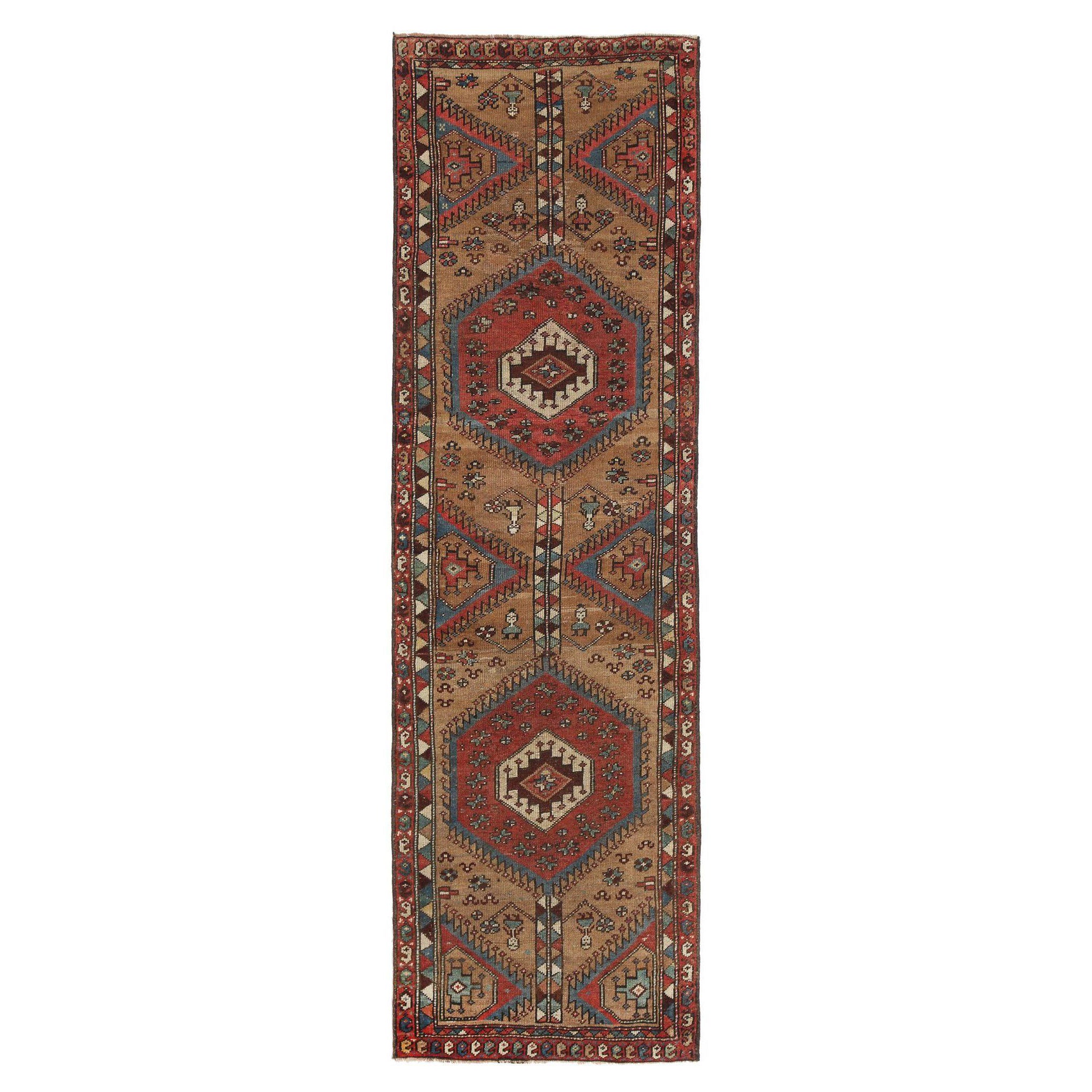 Persischer Aserbaidschan-Läufer - Wolle in Rot und Taupe Design - 97985