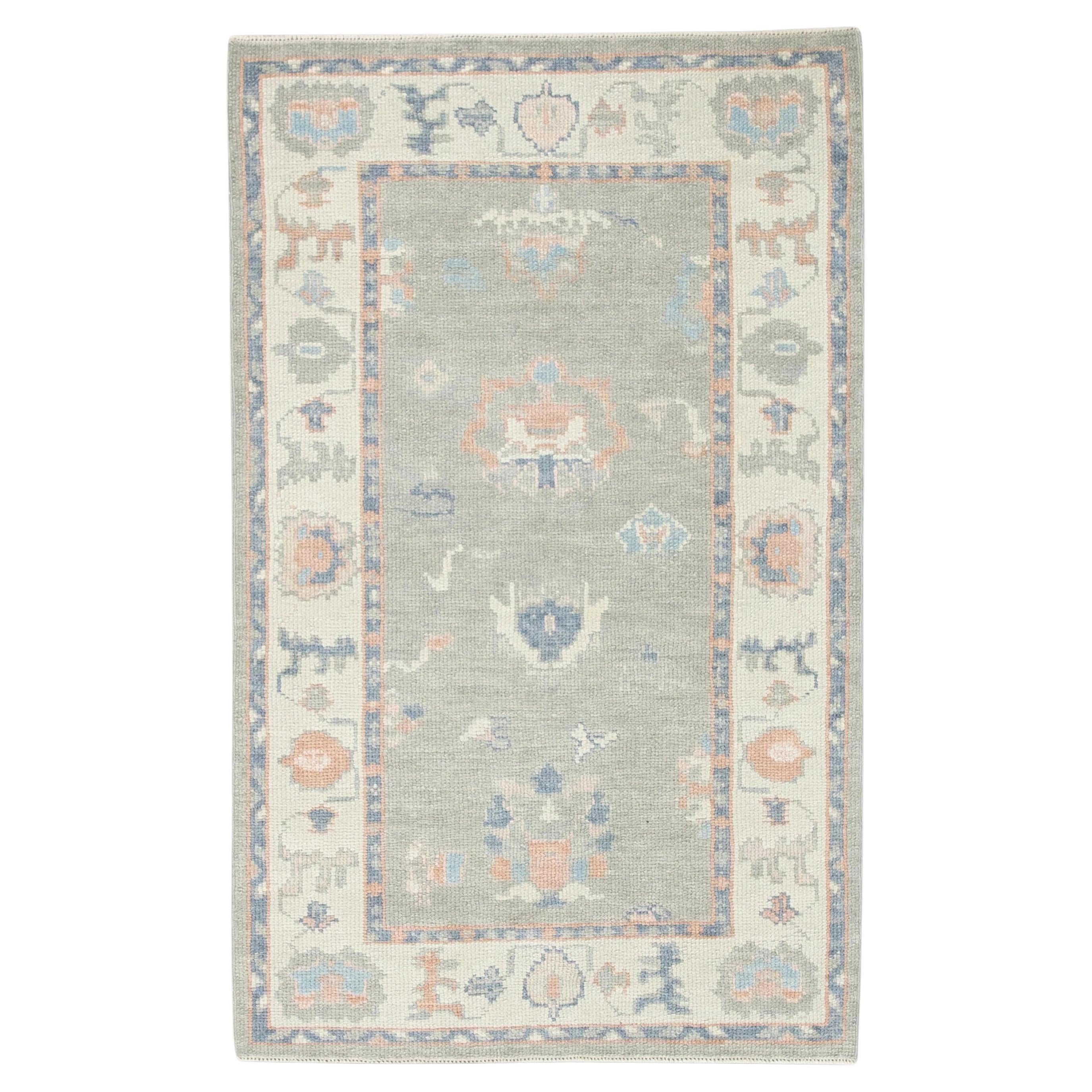 Turkish Oushak Rug Green, Salmon & Blue Floral Handwoven Wool Rug  2'11" x 4'9" For Sale