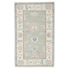 Turkish Oushak Rug Green, Salmon & Blue Floral Handwoven Wool Rug  2'11" x 4'9"