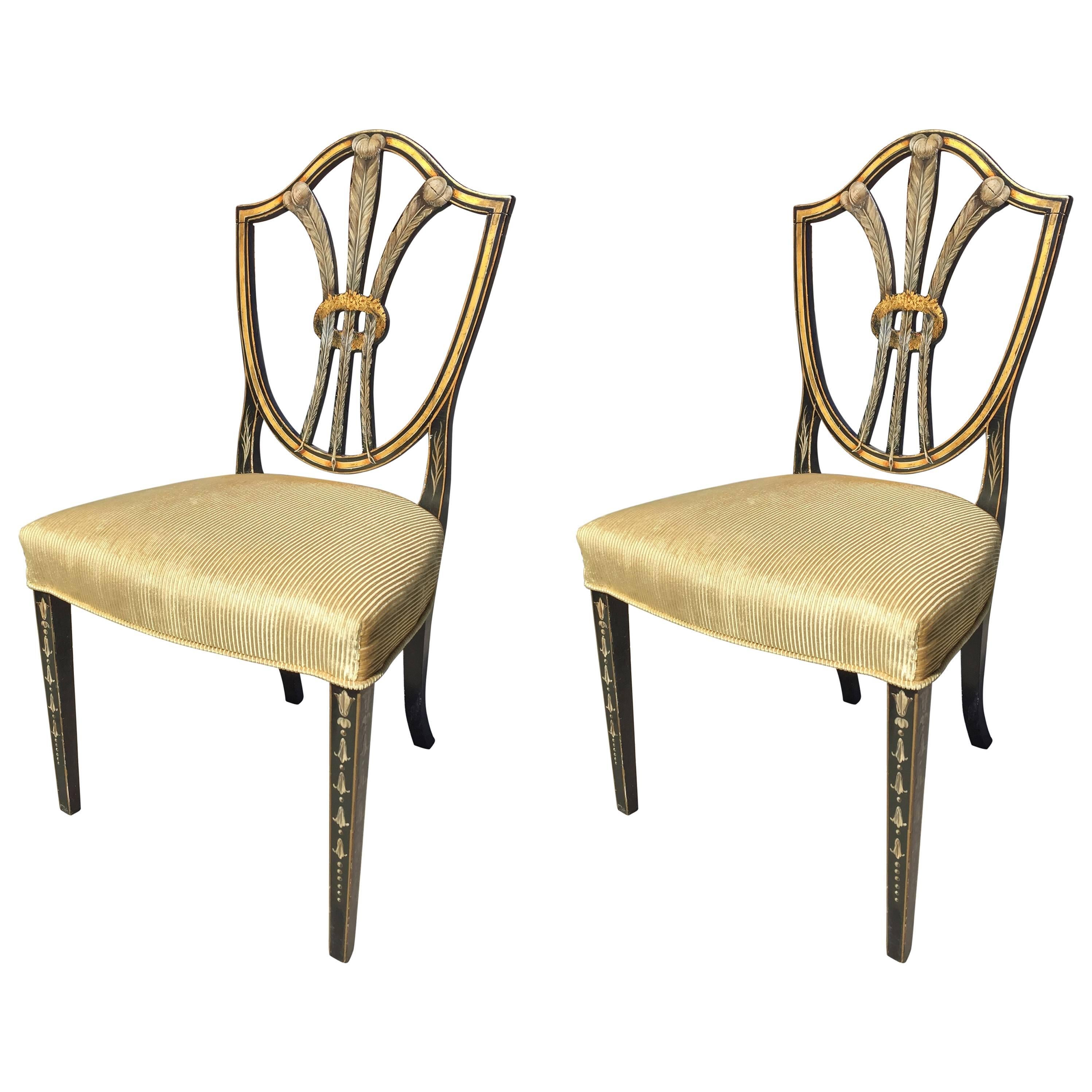 Pair of Hepplewhite Shield Back Chairs with Windsor Feather Painted Backs