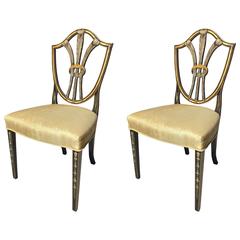 Antique Pair of Hepplewhite Shield Back Chairs with Windsor Feather Painted Backs