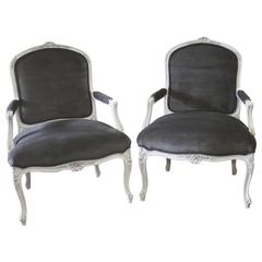 Pair of Painted Louis XV Style Carved Open Armchairs