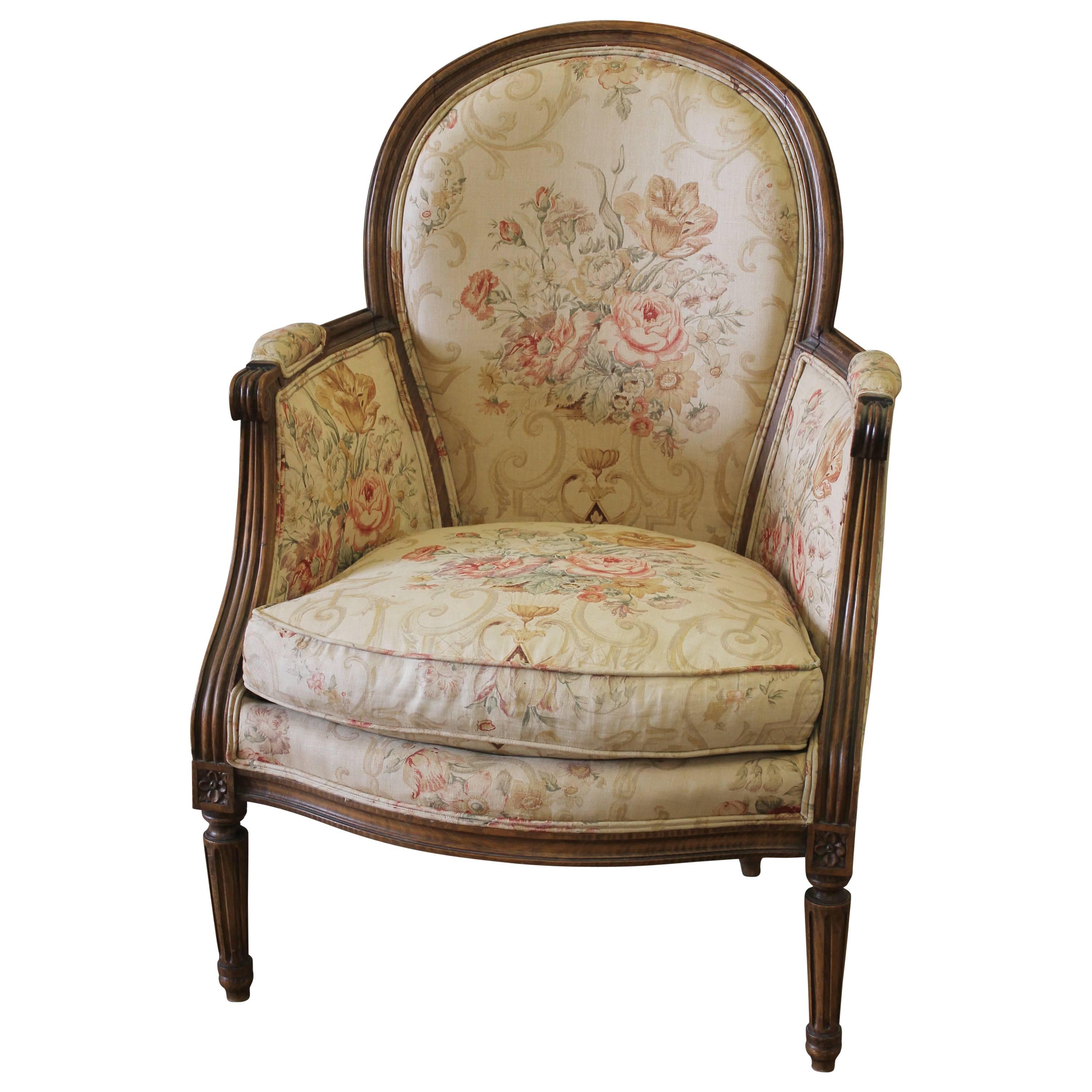 Antique French Country Louis XVI Bergere Chair in Linen with Roses