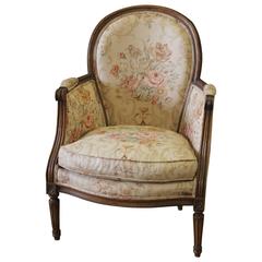 Antique French Country Louis XVI Bergere Chair in Linen with Roses