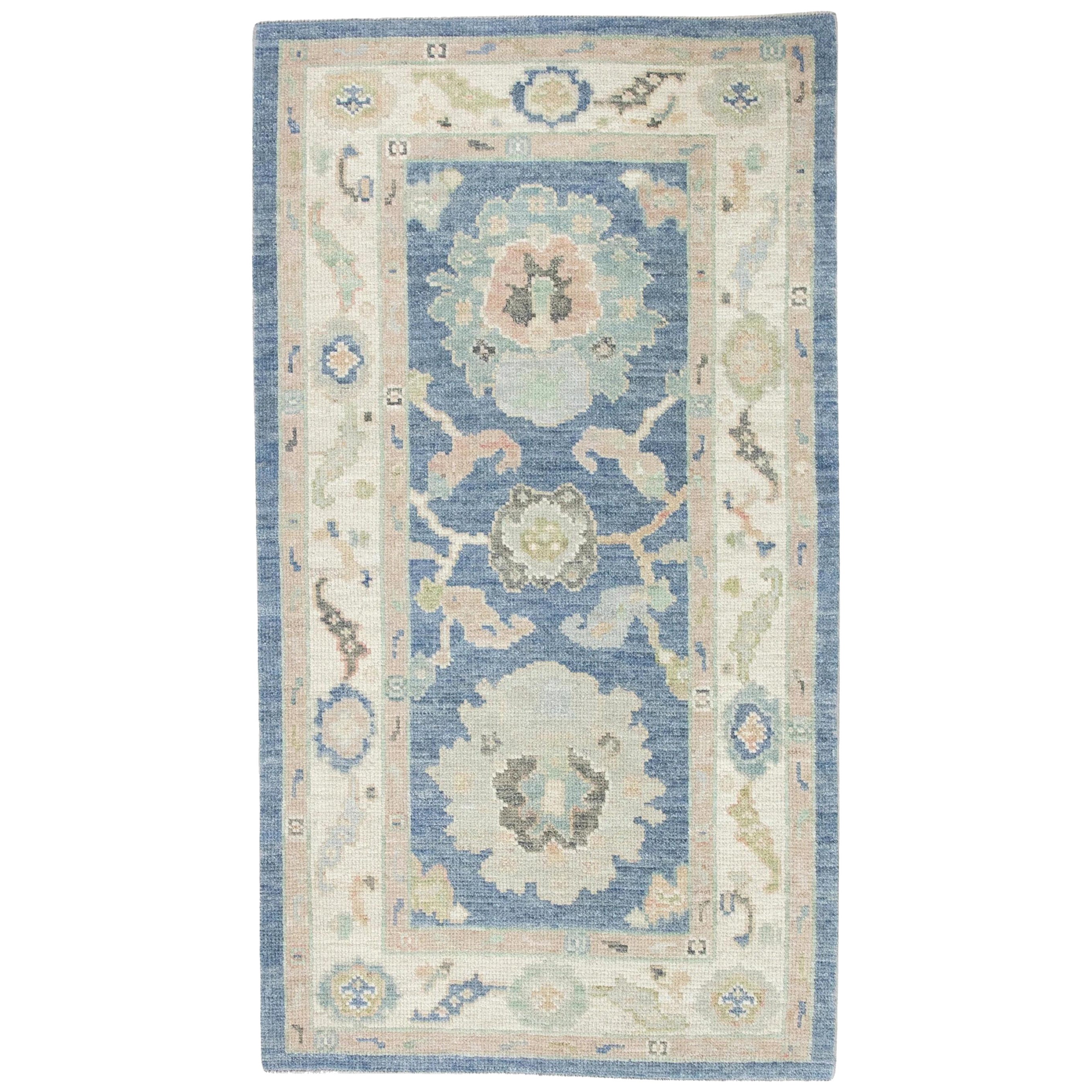 Turkish Oushak Rug Blue, Pink & Soft Green Handwoven Wool Rug 2'10" x 5'3"