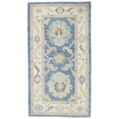 Turkish Oushak Rug Blue, Pink & Soft Green Handwoven Wool Rug 2'10" x 5'3"