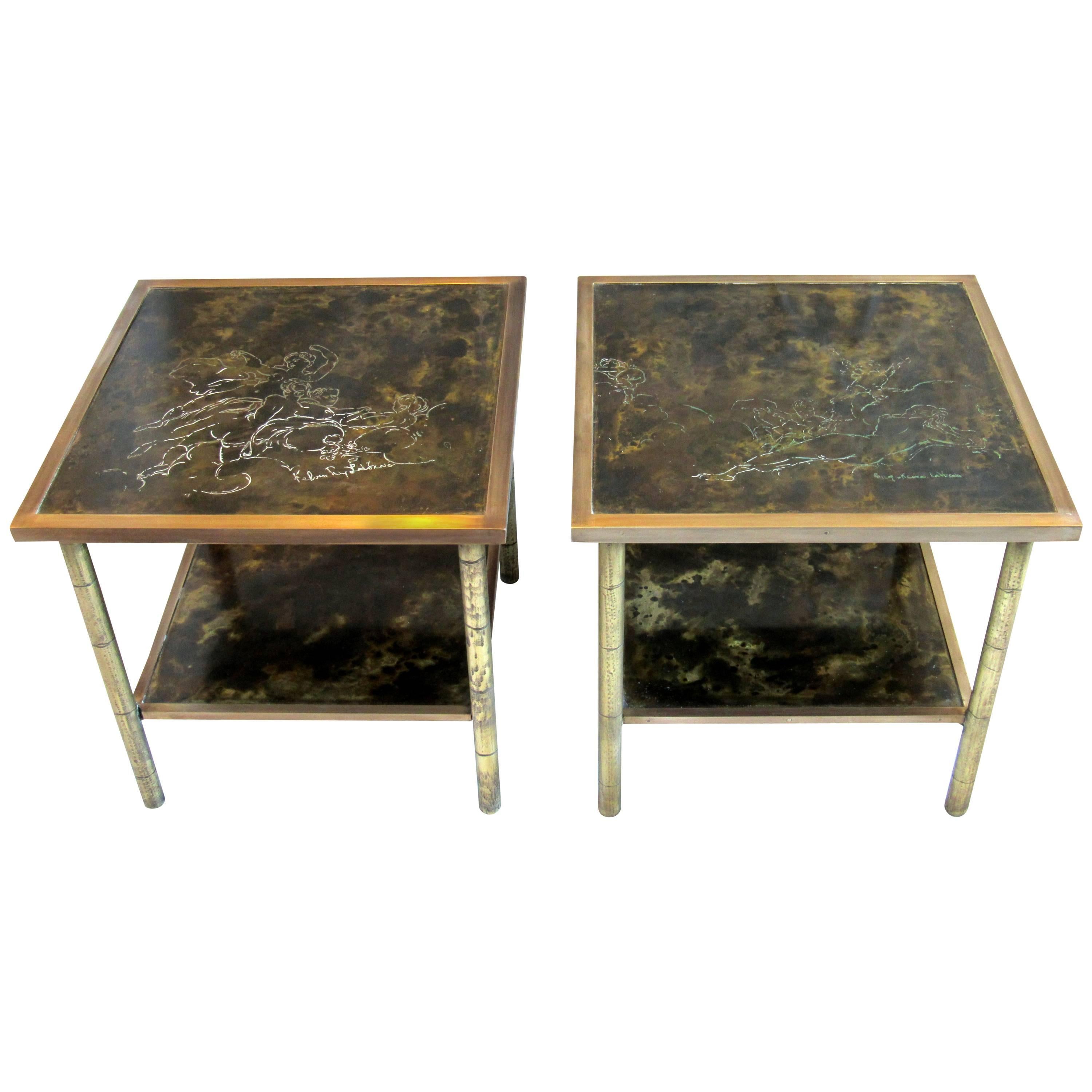 Rare Etched Brass Kelvin & Philip LaVerne Two-Tier End Tables "Muses" circa 1970