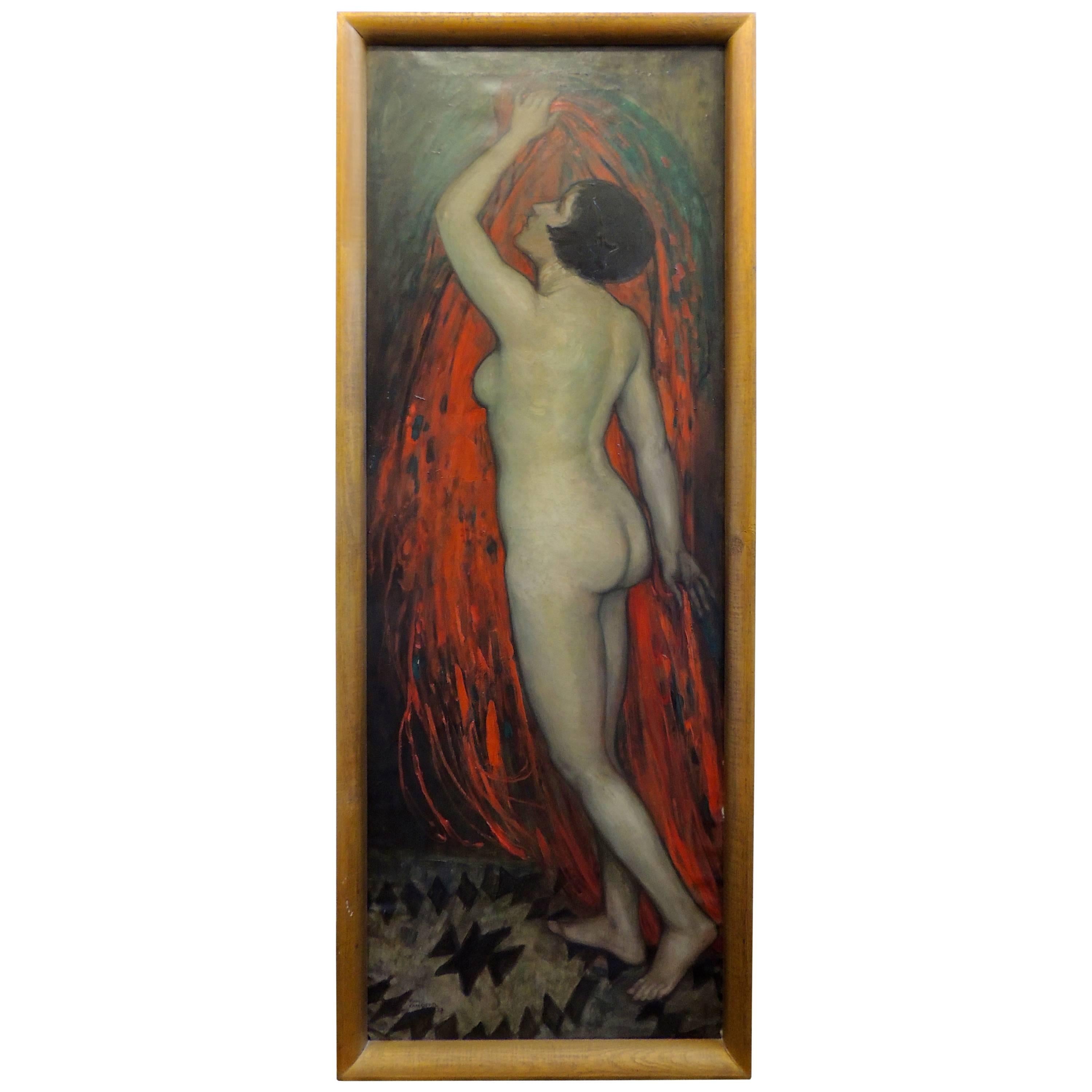 Dutch Art Deco Painting by E.Van Offel, Nude with Red Dress