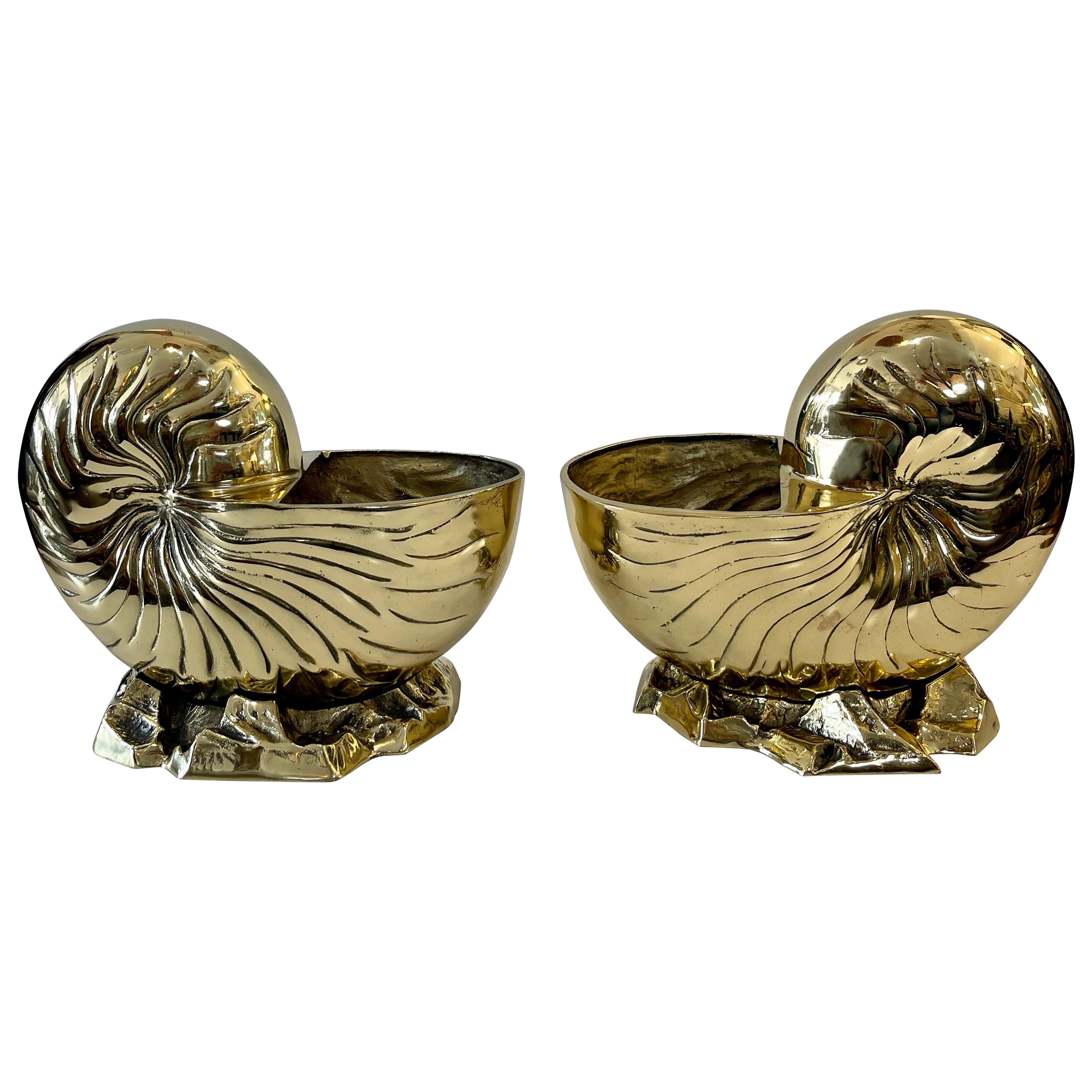 Pair Large  Solid Brass Nautilus Shell Bottle Coolers or Planters