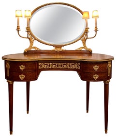 Antique French Gold Bronze Mounted Inlaid Mahogany Vanity with Lights Circa 1880