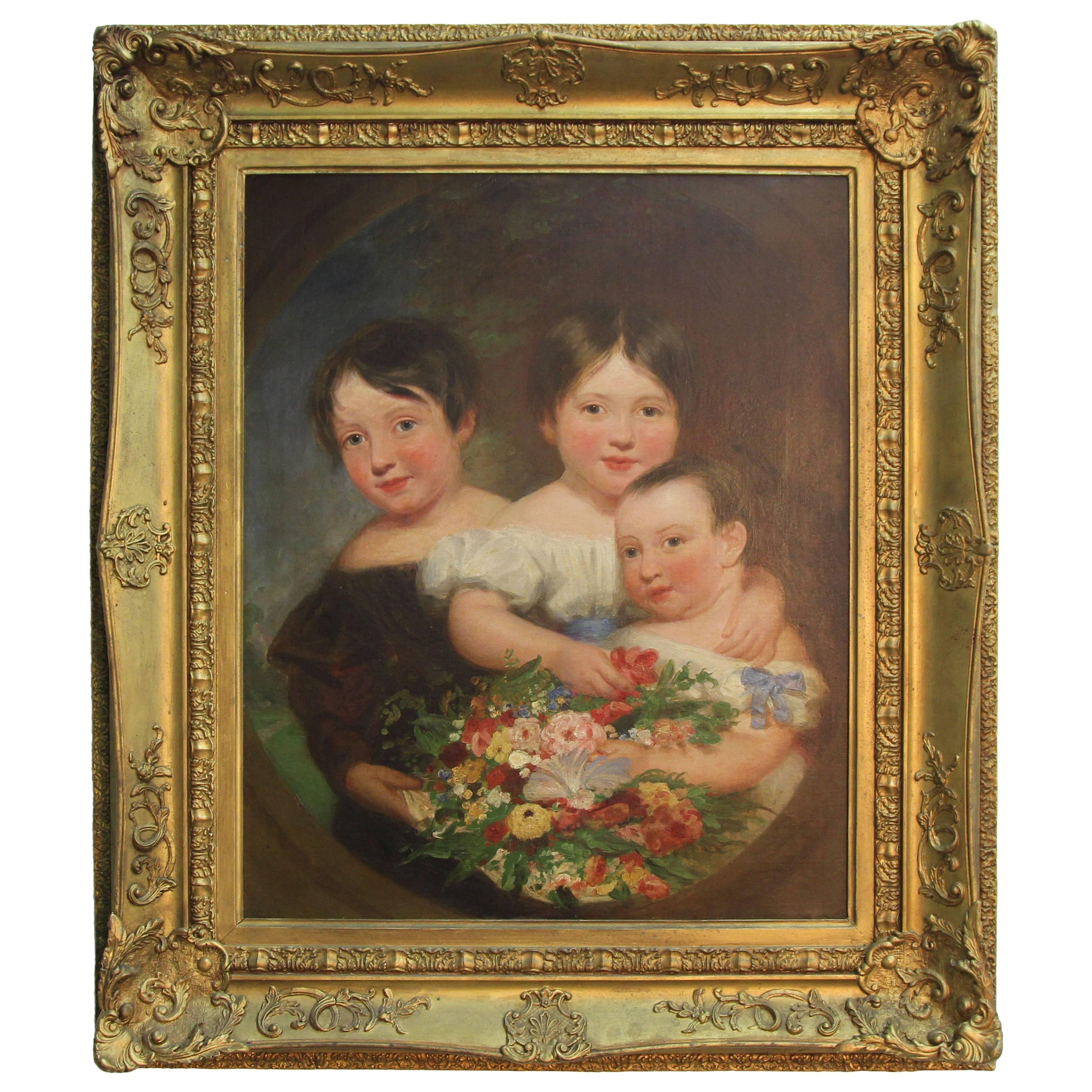 Antique 19th Century Painting of Children For Sale
