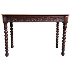 Antique English Console Sofa Table Carved Oak Tudor Bobbin Leg c1890